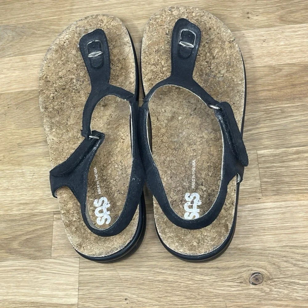 SAS Marina Sandals Womens 9.5 W Black Leather T-Strap Wide Cork Bed Thong Shoes‎